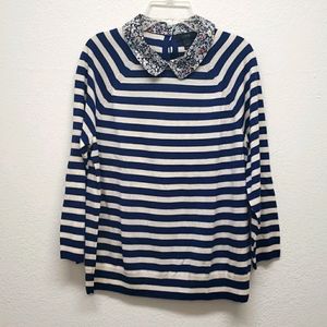 JCrew Navy White Sweater w/collar button back boho